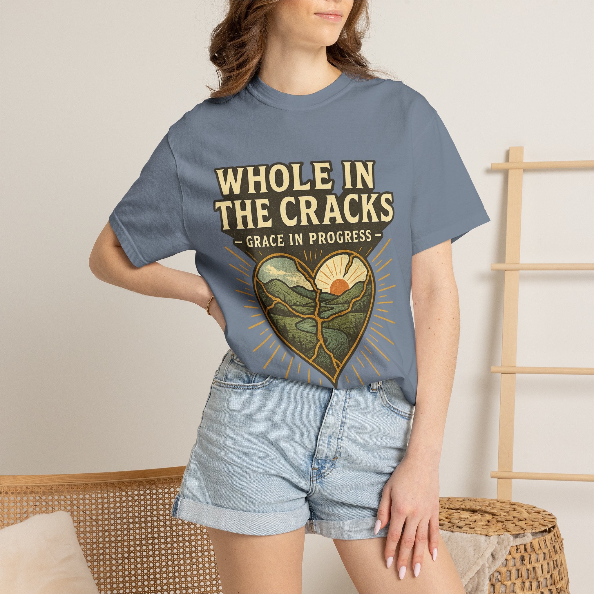Whole In The Cracks Kintsugi Heart Landscape T-Shirt | Faith Healing Apparel | Recovery Gift | Vintage Screen Print Tee | Grace In Progress