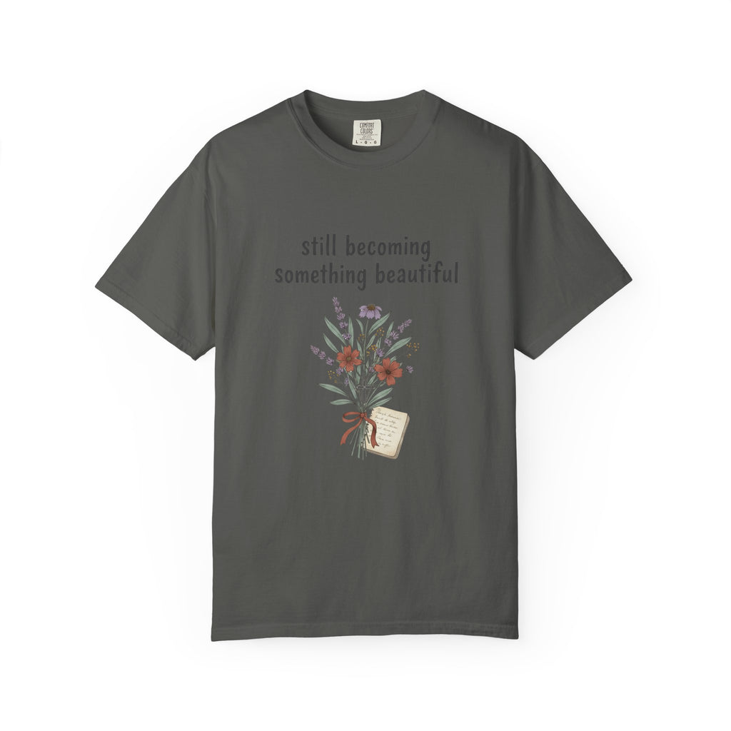 Grace in Progress Faith T-Shirt — Still Becoming Something Beautiful — Vintage Wildflower Christian Tee for Women Healing & Growing