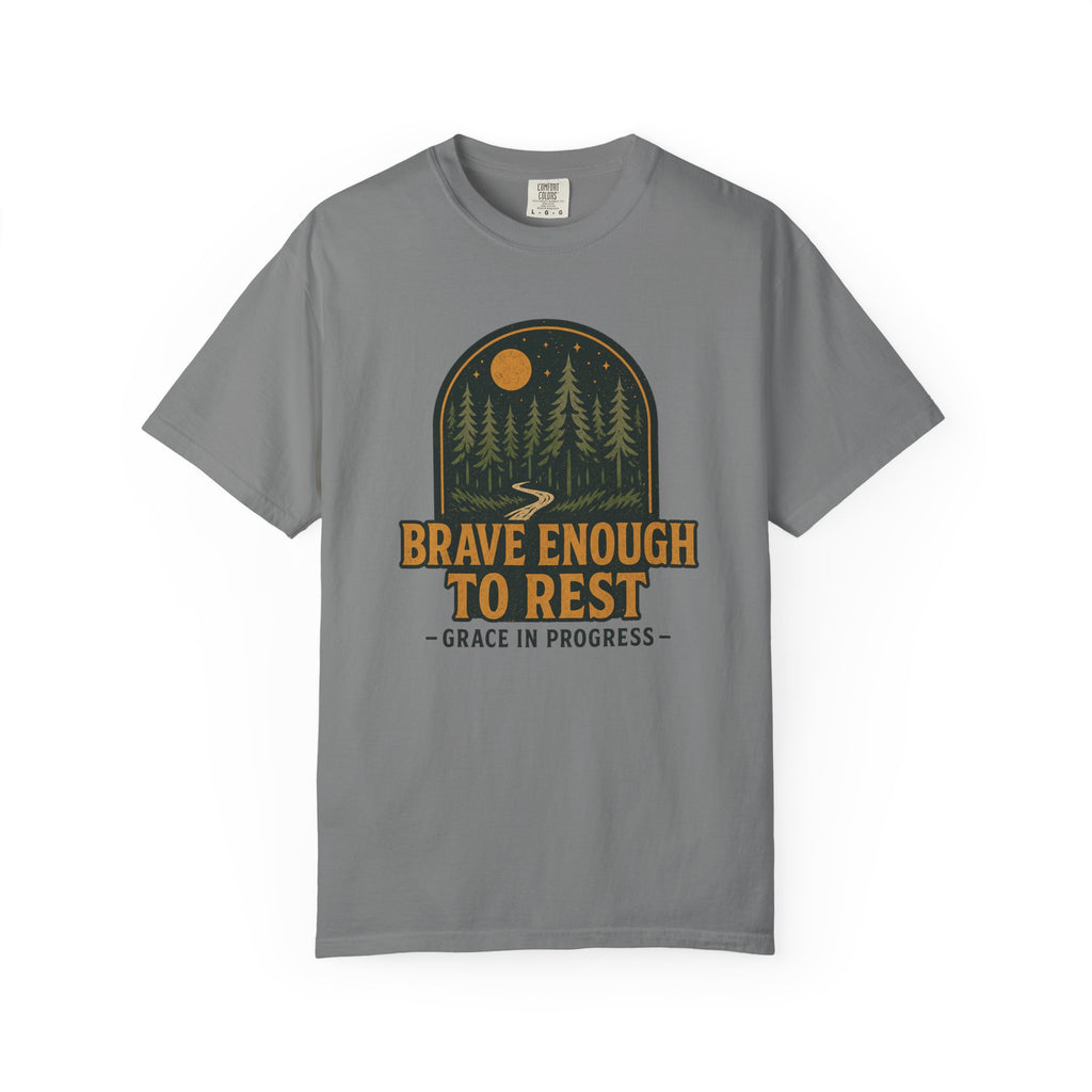 Brave Enough To Rest | Moonlit Forest Badge Vintage Tee | Grace In Progress | Faith Outdoor Shirt | Rest Burnout Recovery Apparel