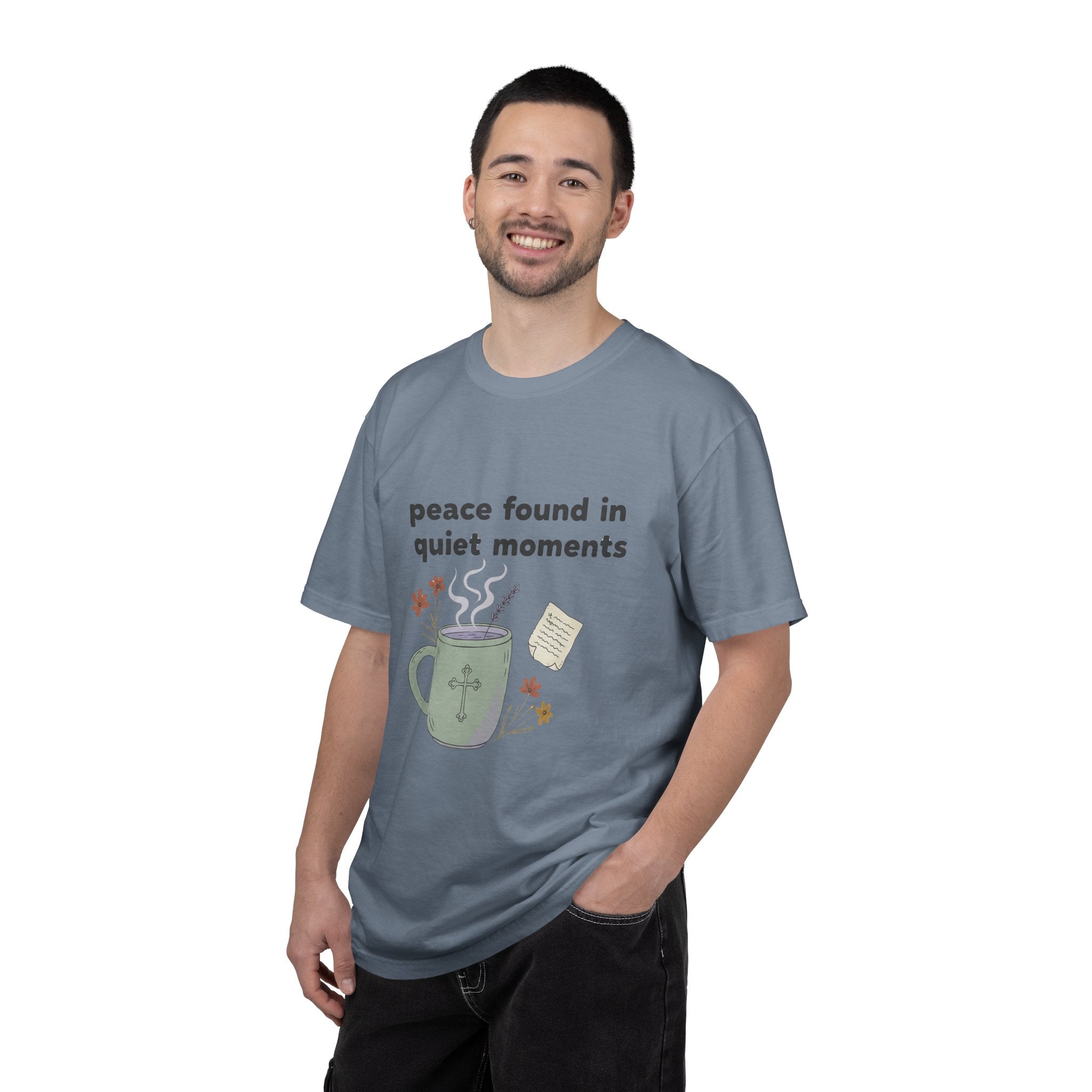 Grace in Progress Anxiety Faith T-Shirt — Peace Found in Quiet Moments — Vintage Christian Tea Mug Tee for Women | Calm Faith Design