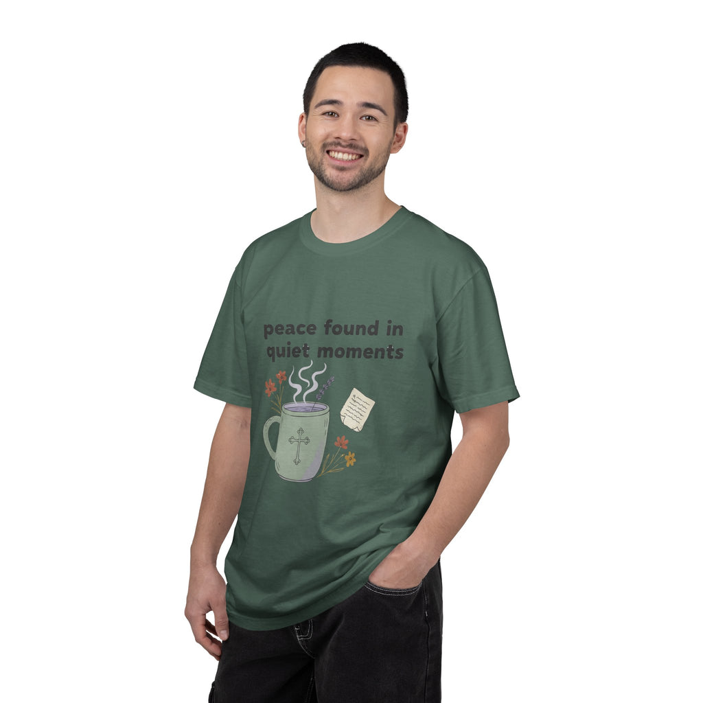 Grace in Progress Anxiety Faith T-Shirt — Peace Found in Quiet Moments — Vintage Christian Tea Mug Tee for Women | Calm Faith Design