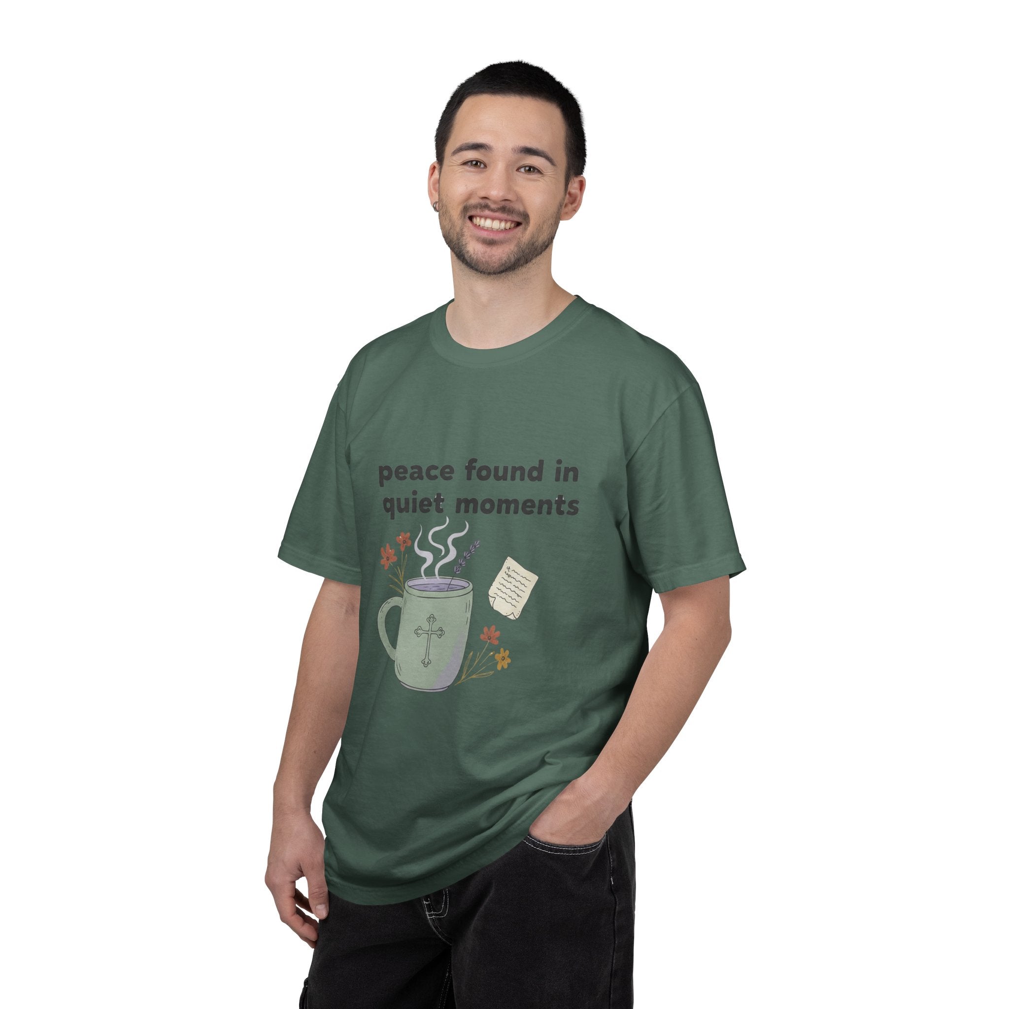 Grace in Progress Anxiety Faith T-Shirt — Peace Found in Quiet Moments — Vintage Christian Tea Mug Tee for Women | Calm Faith Design