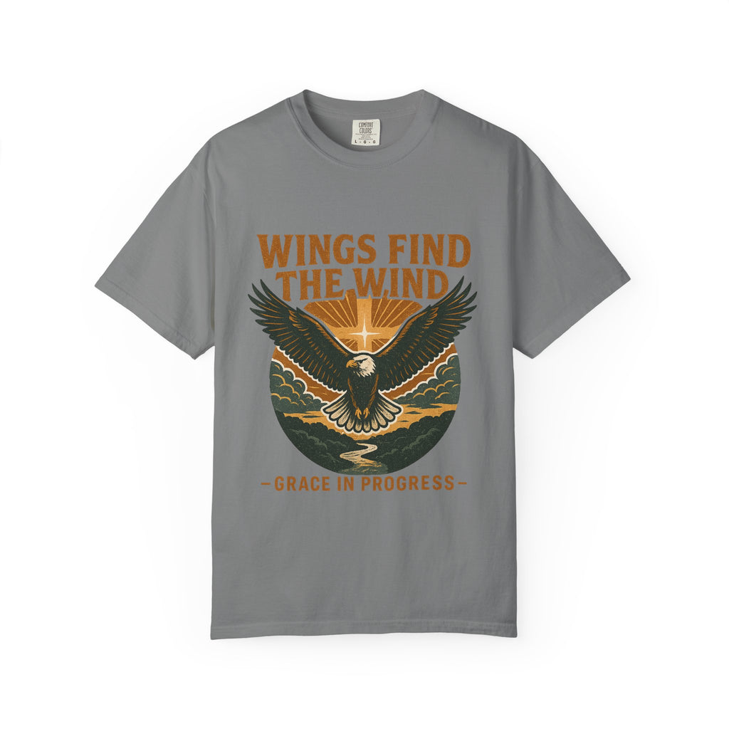 Wings Find The Wind | Vintage Eagle Sunrise Faith Tee | Grace In Progress | Christian Outdoor Apparel | Hope Resilience Recovery Shirt
