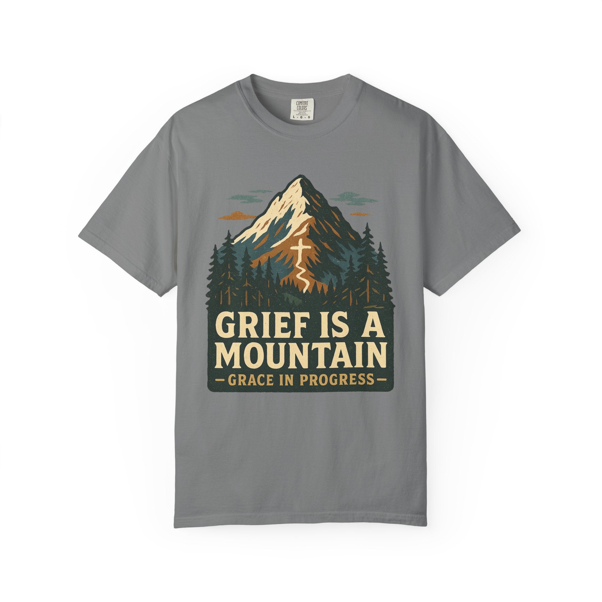 Grief Is A Mountain Vintage Outdoor Faith T-Shirt | Grace In Progress | Comfort Colors Grief Healing Apparel