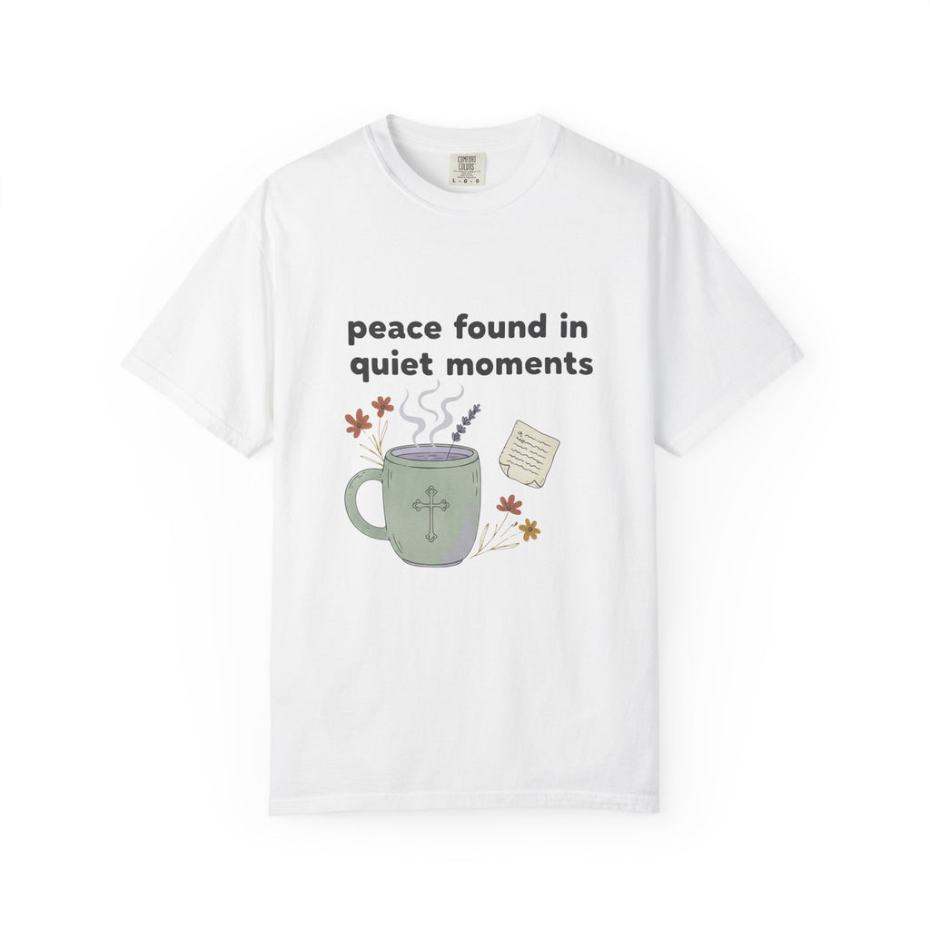 Grace in Progress Anxiety Faith T-Shirt — Peace Found in Quiet Moments — Vintage Christian Tea Mug Tee for Women | Calm Faith Design