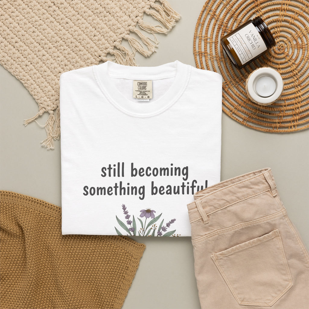 Grace in Progress Faith T-Shirt — Still Becoming Something Beautiful — Vintage Wildflower Christian Tee for Women Healing & Growing