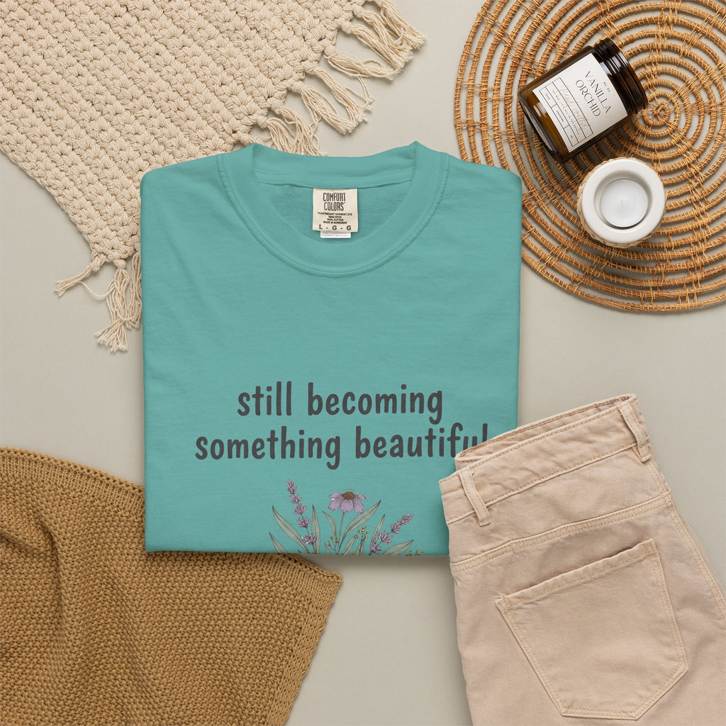 Grace in Progress Faith T-Shirt — Still Becoming Something Beautiful — Vintage Wildflower Christian Tee for Women Healing & Growing