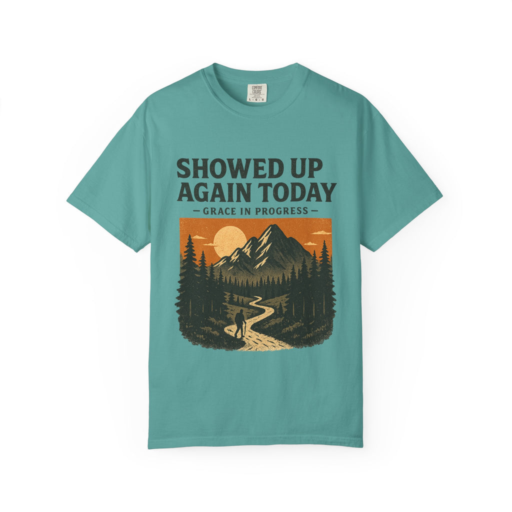 Showed Up Again Today Vintage Mountain T-Shirt | Faith Outdoor Apparel | Hiking Tee | Grace In Progress | Mental Health Encouragement Gift