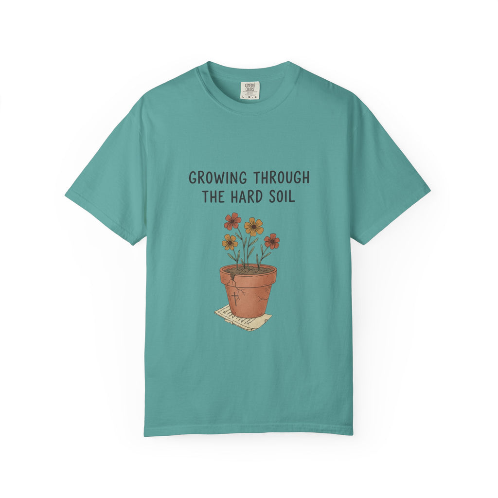 Grace in Progress Faith T-Shirt — Growing Through the Hard Soil — Vintage Terracotta Plant Christian Tee | Healing & Growth Design for Women