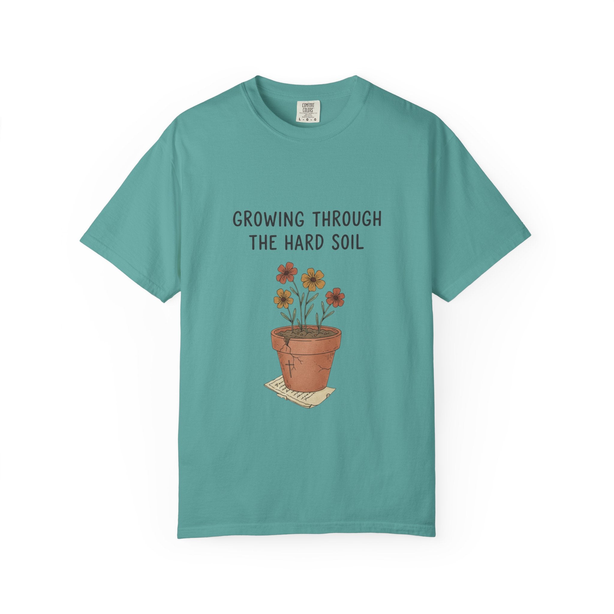 Grace in Progress Faith T-Shirt — Growing Through the Hard Soil — Vintage Terracotta Plant Christian Tee | Healing & Growth Design for Women