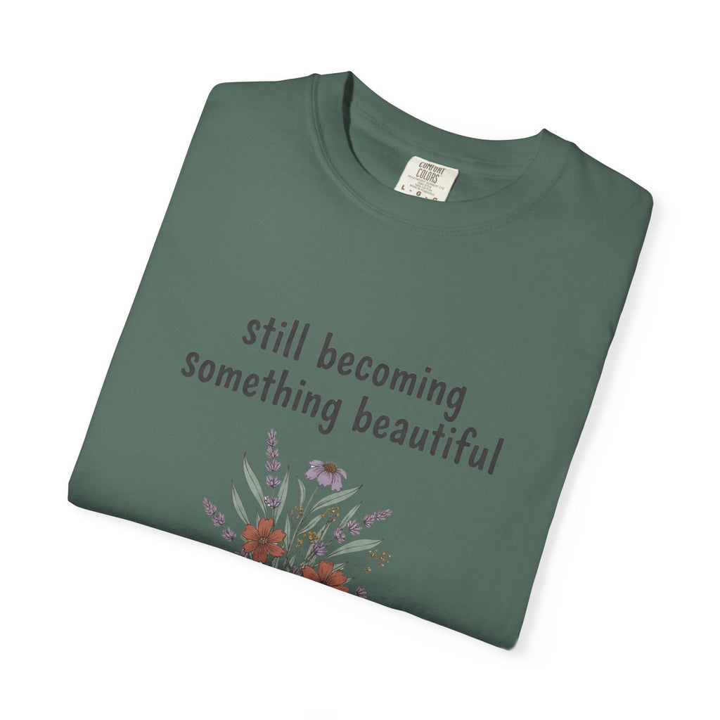 Grace in Progress Faith T-Shirt — Still Becoming Something Beautiful — Vintage Wildflower Christian Tee for Women Healing & Growing