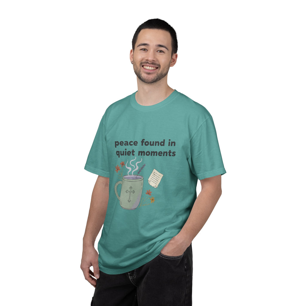 Grace in Progress Anxiety Faith T-Shirt — Peace Found in Quiet Moments — Vintage Christian Tea Mug Tee for Women | Calm Faith Design