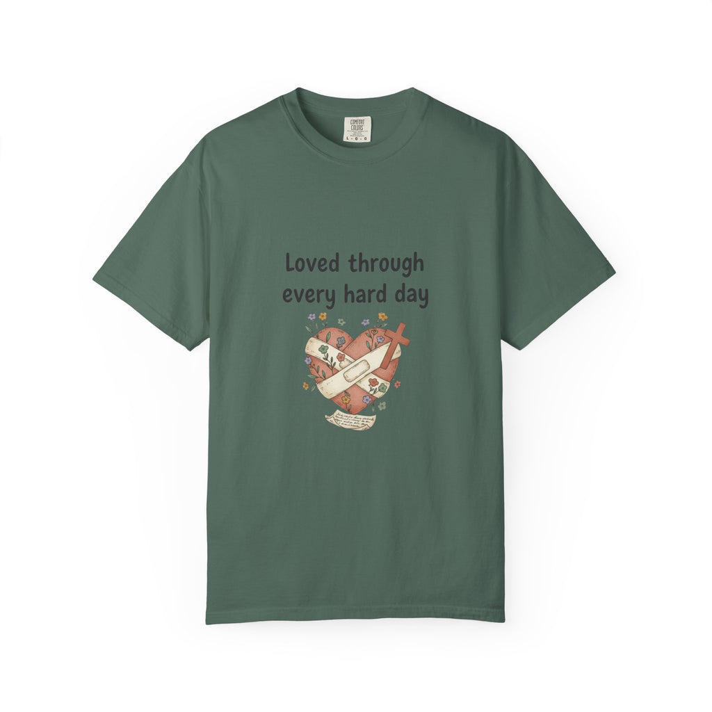 Grace in Progress Christian T-Shirt — Loved Through Every Hard Day — Faith & Mental Health Tee | Bandaged Heart Vintage Illustration