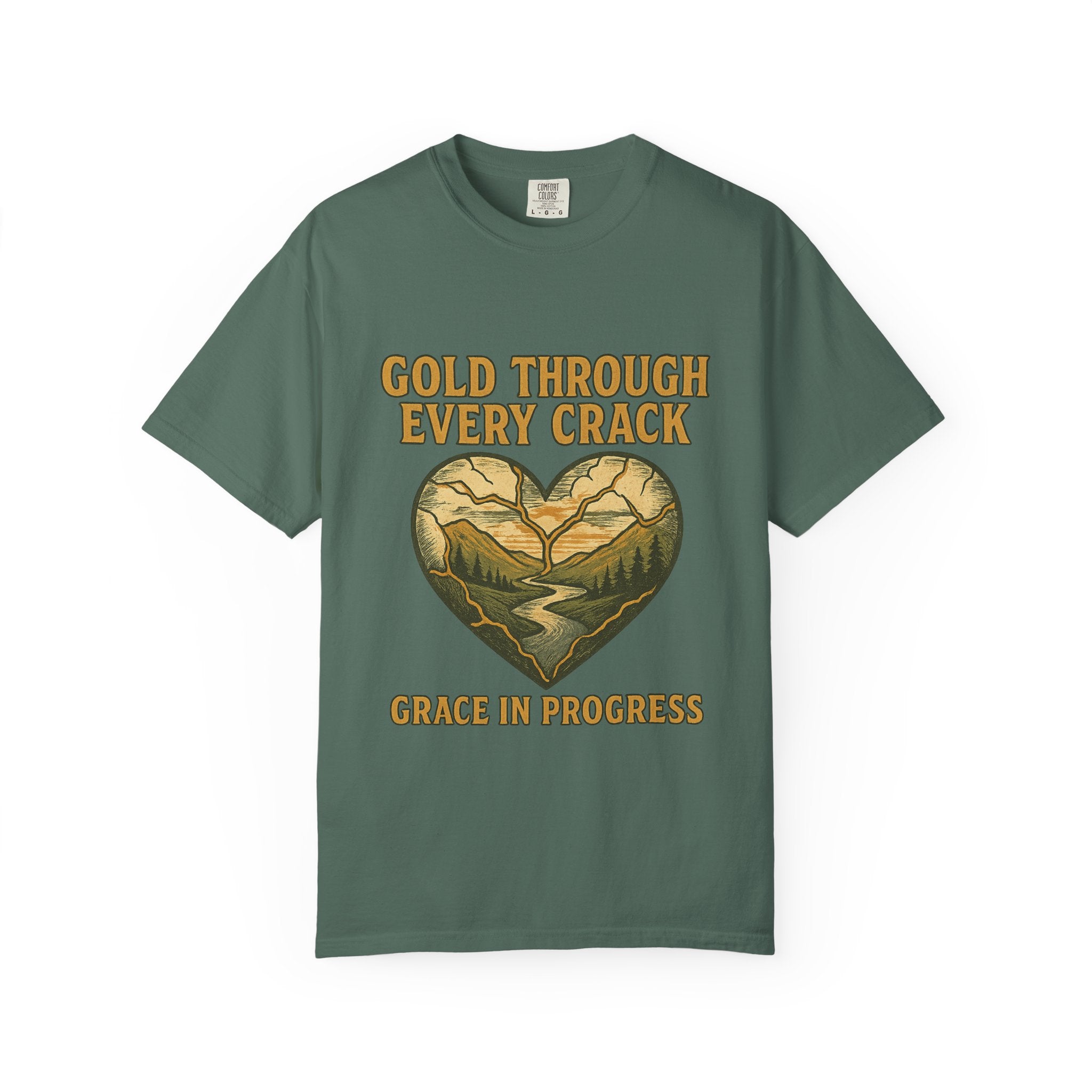Gold Through Every Crack | Kintsugi Heart Vintage Faith Tee | Grace In Progress | Healing Grief Recovery Shirt | Christian Mental Health Apparel