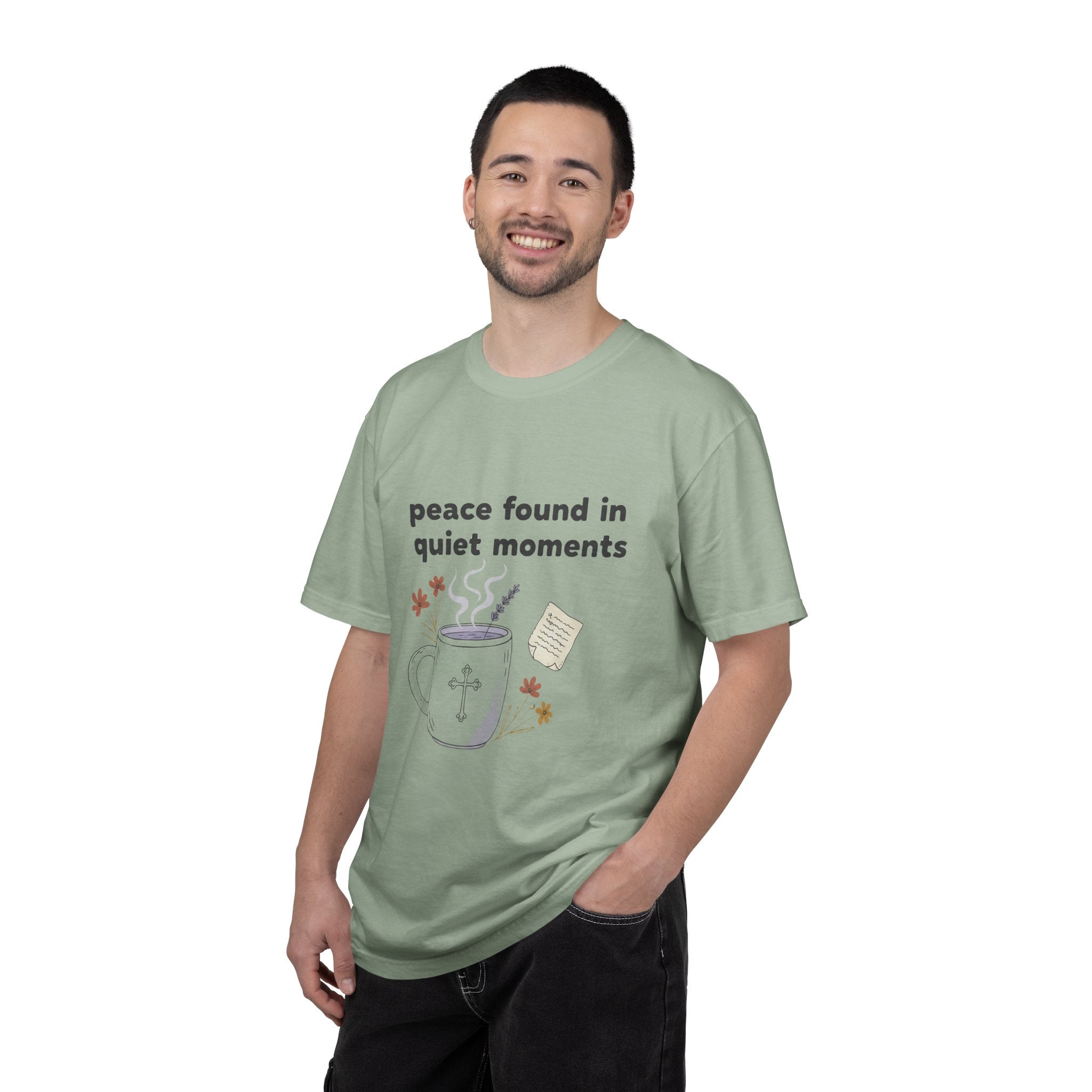 Grace in Progress Anxiety Faith T-Shirt — Peace Found in Quiet Moments — Vintage Christian Tea Mug Tee for Women | Calm Faith Design