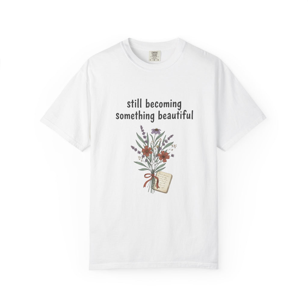Grace in Progress Faith T-Shirt — Still Becoming Something Beautiful — Vintage Wildflower Christian Tee for Women Healing & Growing