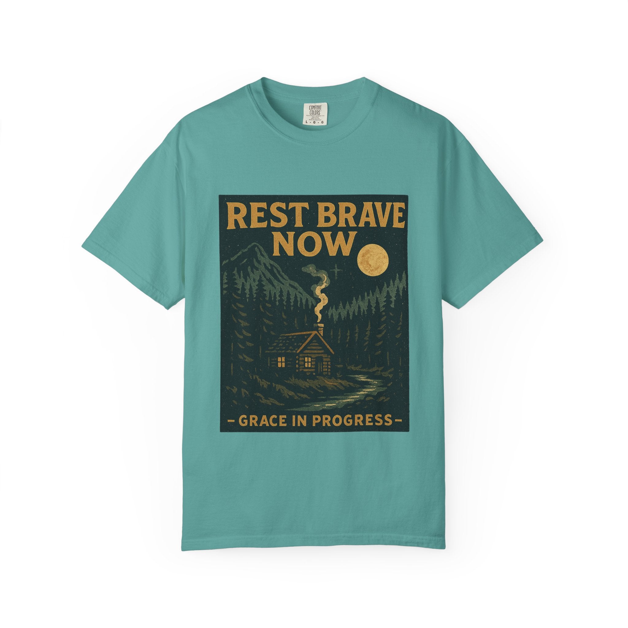 Rest Is Brave Now Vintage Cabin T-Shirt | Faith Outdoor Apparel | Burnout Rest Encouragement Shirt | Moonlit Cabin Tee | Grace In Progress
