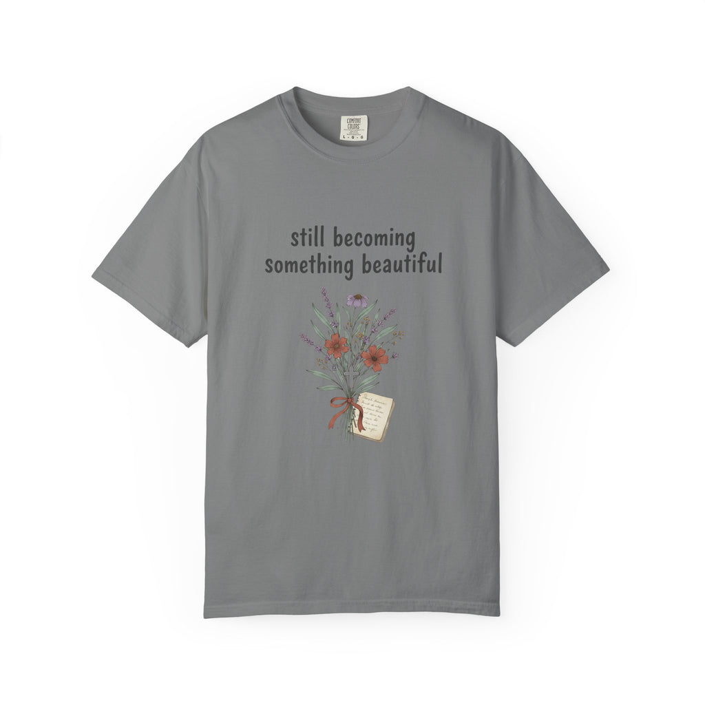 Grace in Progress Faith T-Shirt — Still Becoming Something Beautiful — Vintage Wildflower Christian Tee for Women Healing & Growing