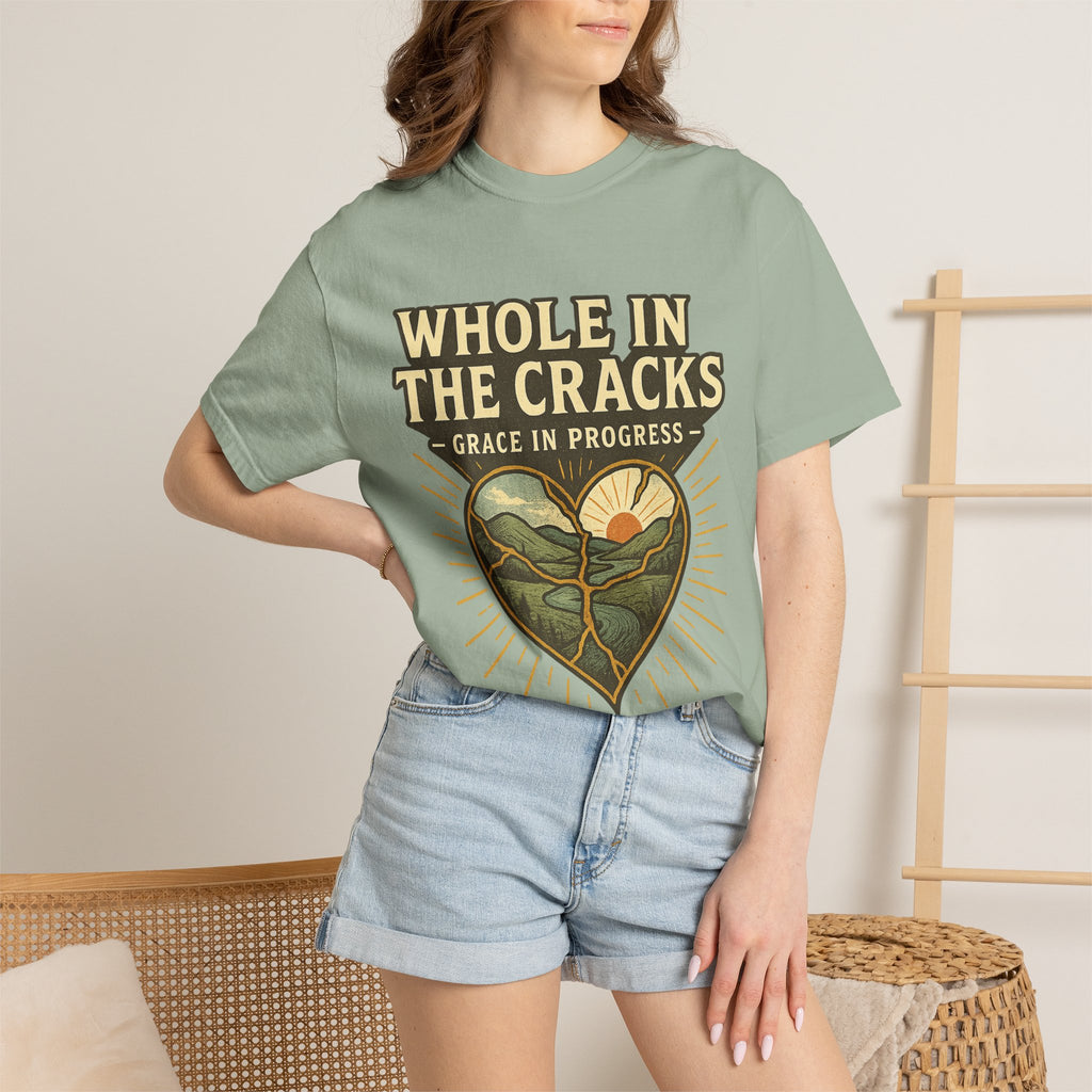Whole In The Cracks Kintsugi Heart Landscape T-Shirt | Faith Healing Apparel | Recovery Gift | Vintage Screen Print Tee | Grace In Progress