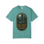 Still Here Still Wild Moonlit Forest Badge T-Shirt | Vintage Outdoor Faith Tee | Night Hike | Grace In Progress | Resilience Gift