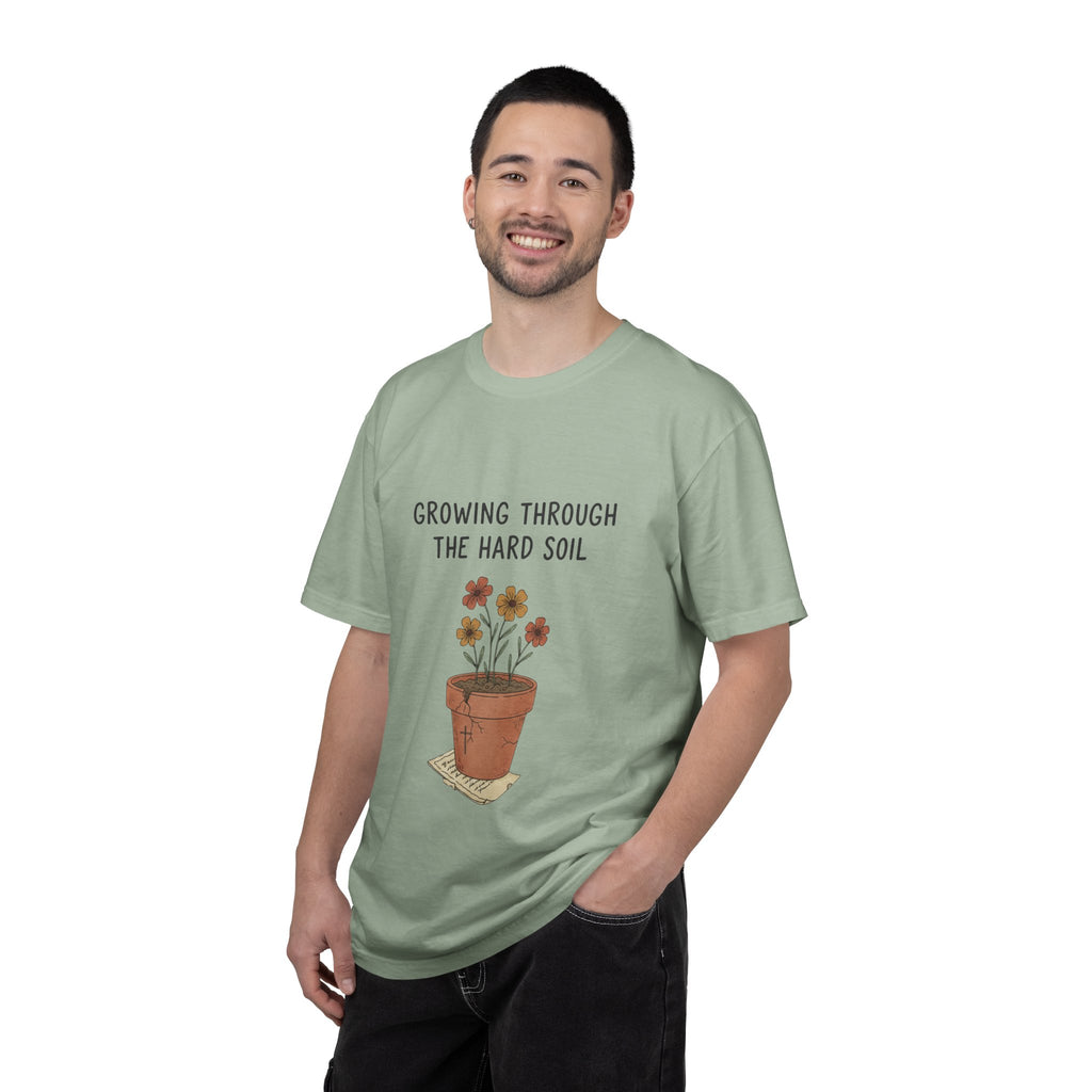 Grace in Progress Faith T-Shirt — Growing Through the Hard Soil — Vintage Terracotta Plant Christian Tee | Healing & Growth Design for Women