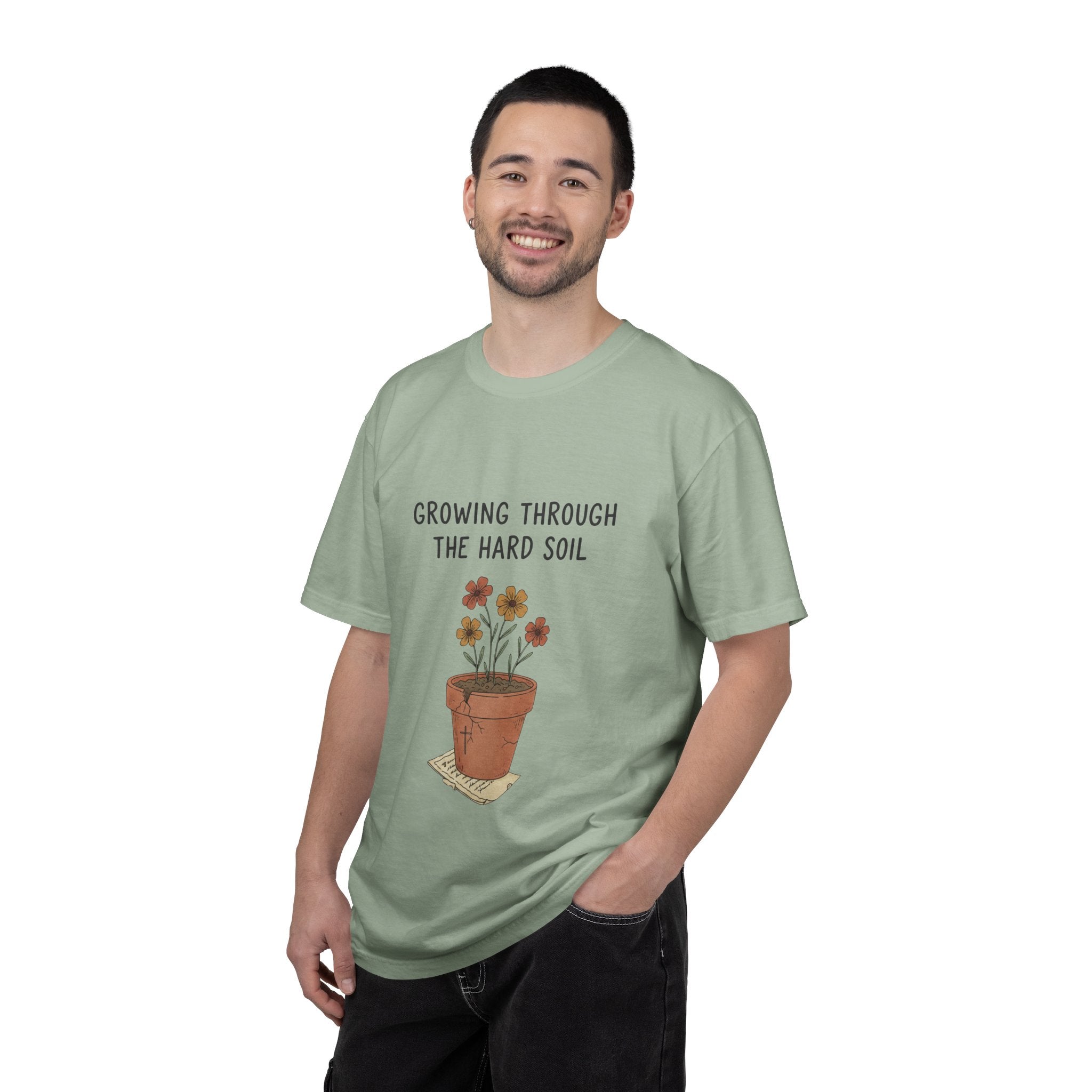 Grace in Progress Faith T-Shirt — Growing Through the Hard Soil — Vintage Terracotta Plant Christian Tee | Healing & Growth Design for Women
