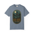 Still Here Still Wild Moonlit Forest Badge T-Shirt | Vintage Outdoor Faith Tee | Night Hike | Grace In Progress | Resilience Gift