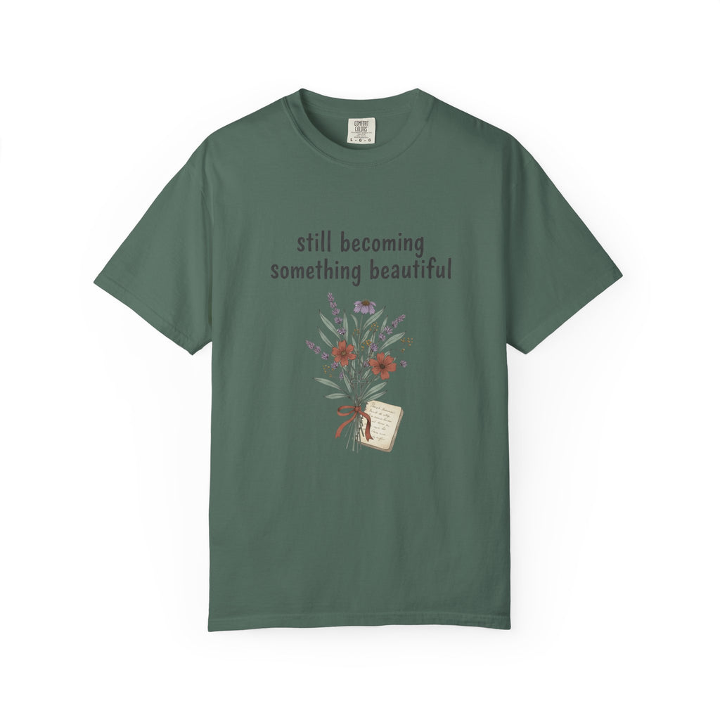 Grace in Progress Faith T-Shirt — Still Becoming Something Beautiful — Vintage Wildflower Christian Tee for Women Healing & Growing