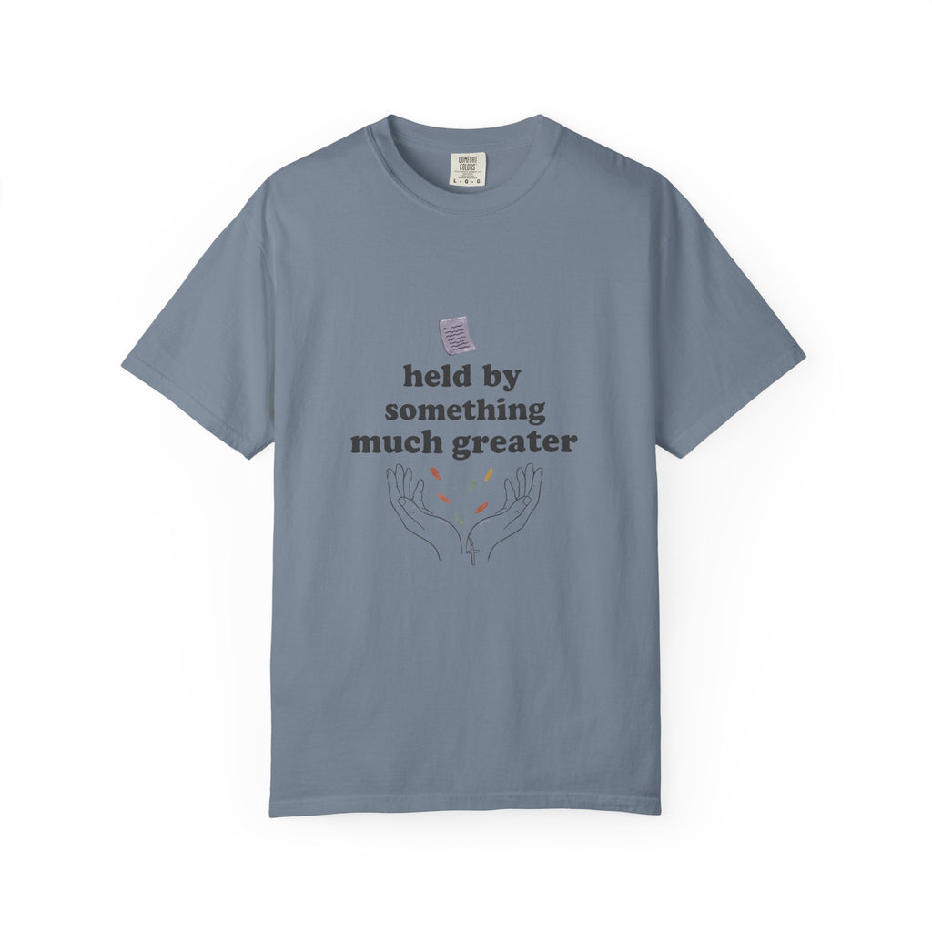 Grace in Progress Christian T-Shirt — Held by Something Much Greater — Vintage Hands & Wildflower Faith Tee | Prayer & Healing Shirt for Women