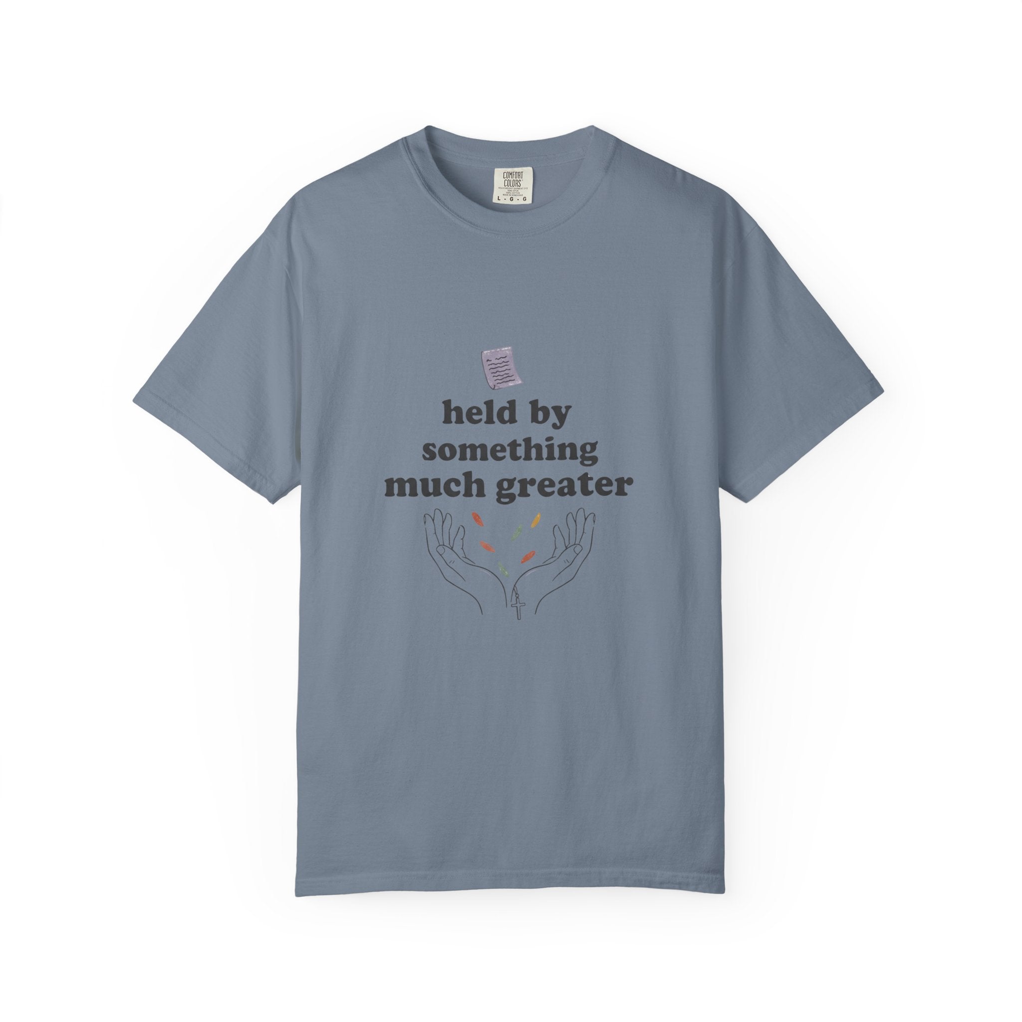 Grace in Progress Christian T-Shirt — Held by Something Much Greater — Vintage Hands & Wildflower Faith Tee | Prayer & Healing Shirt for Women