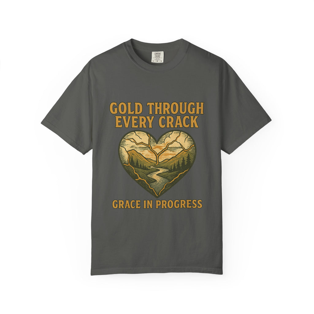 Gold Through Every Crack | Kintsugi Heart Vintage Faith Tee | Grace In Progress | Healing Grief Recovery Shirt | Christian Mental Health Apparel