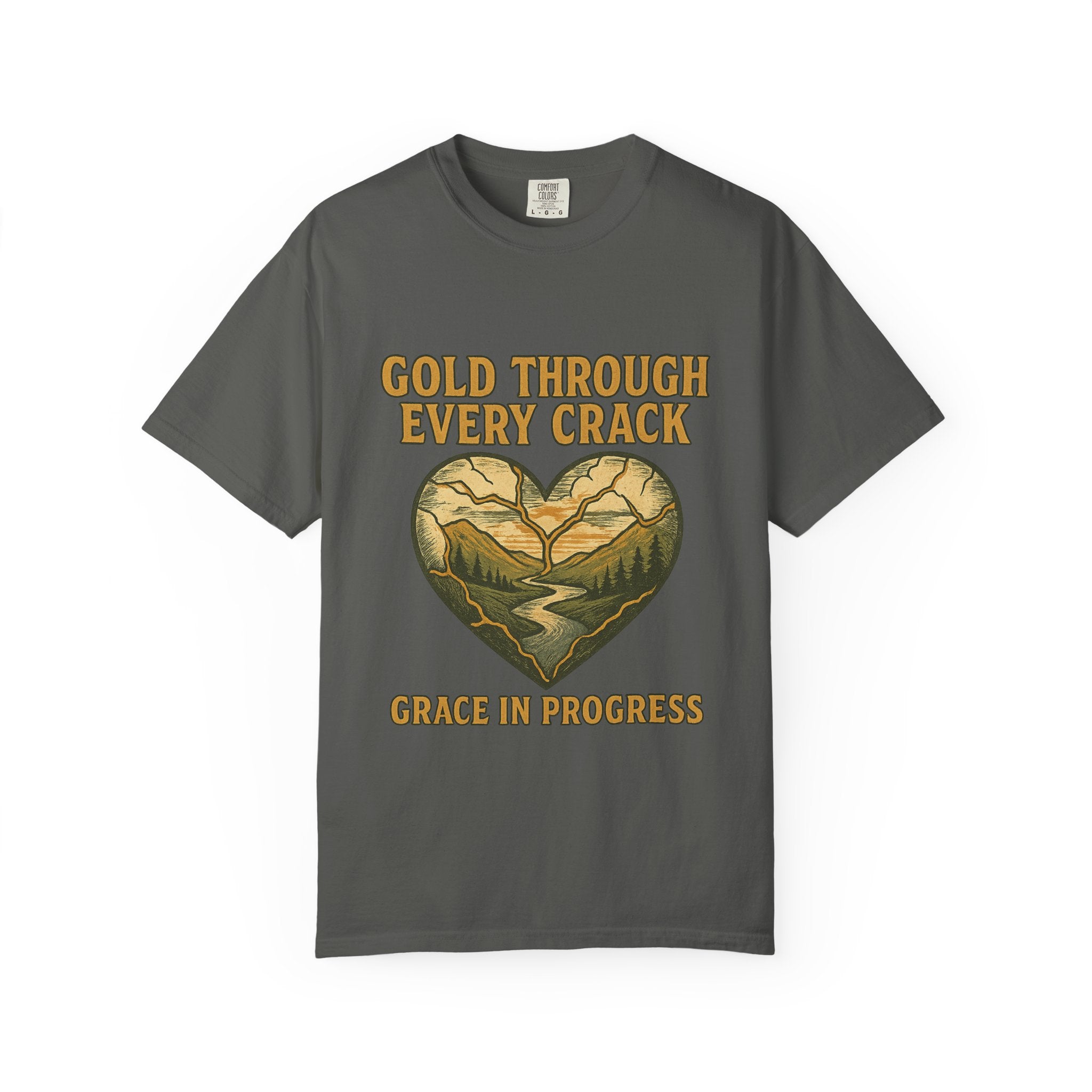 Gold Through Every Crack | Kintsugi Heart Vintage Faith Tee | Grace In Progress | Healing Grief Recovery Shirt | Christian Mental Health Apparel