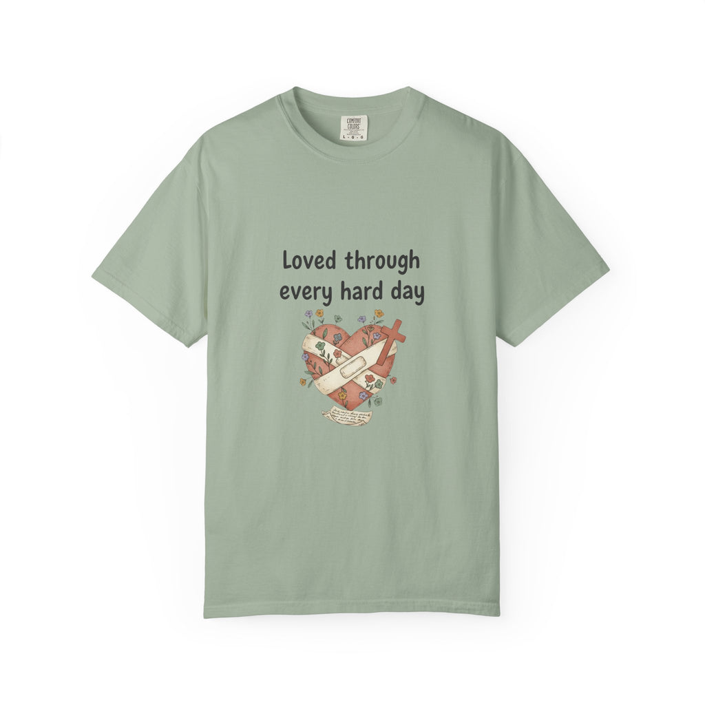 Grace in Progress Christian T-Shirt — Loved Through Every Hard Day — Faith & Mental Health Tee | Bandaged Heart Vintage Illustration