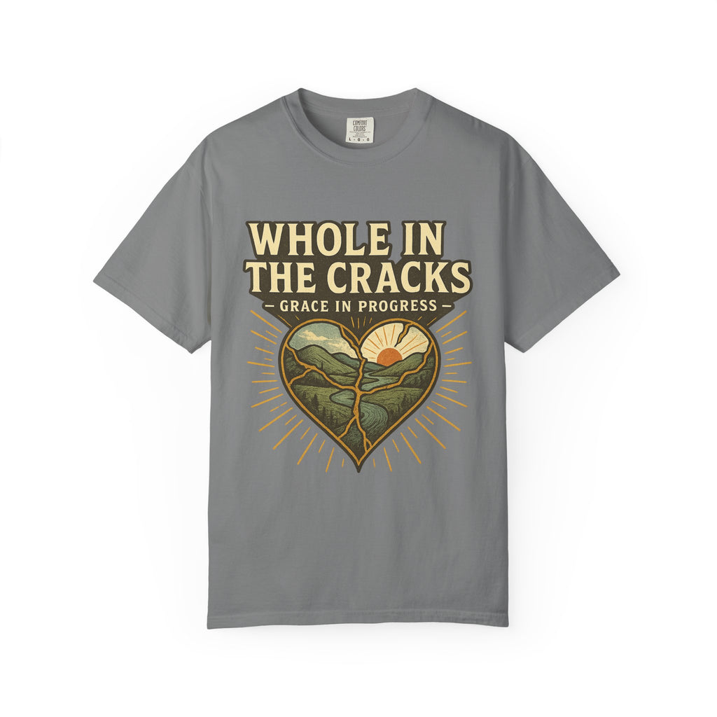 Whole In The Cracks Kintsugi Heart Landscape T-Shirt | Faith Healing Apparel | Recovery Gift | Vintage Screen Print Tee | Grace In Progress