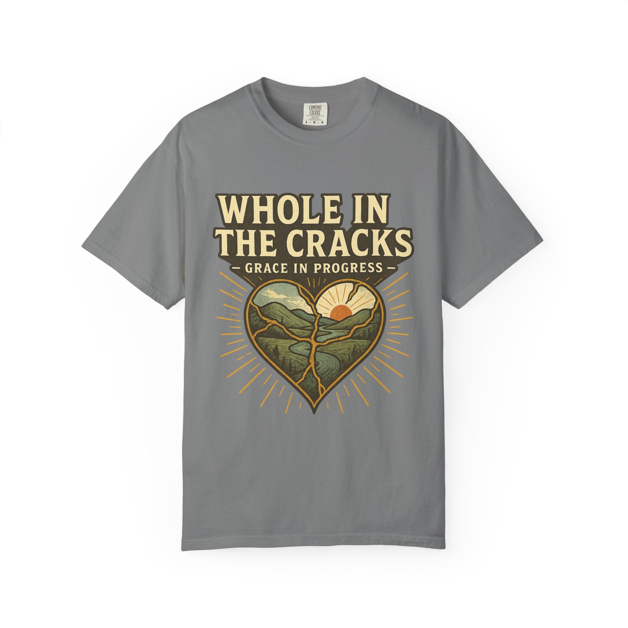 Whole In The Cracks Kintsugi Heart Landscape T-Shirt | Faith Healing Apparel | Recovery Gift | Vintage Screen Print Tee | Grace In Progress