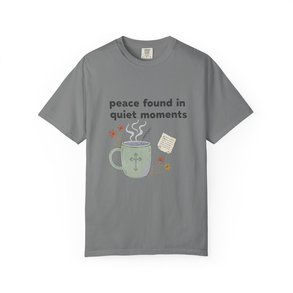 Grace in Progress Anxiety Faith T-Shirt — Peace Found in Quiet Moments — Vintage Christian Tea Mug Tee for Women | Calm Faith Design