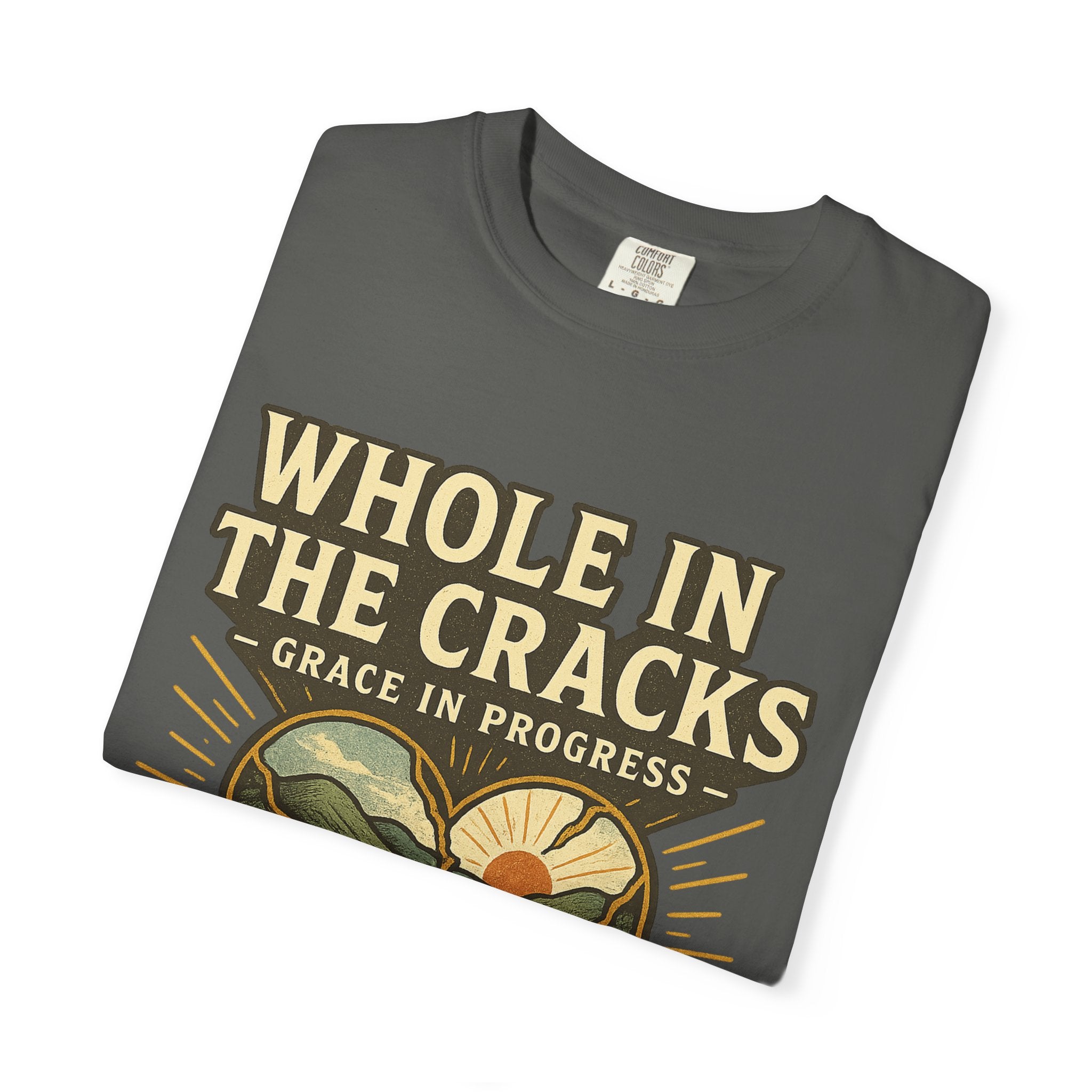 Whole In The Cracks Kintsugi Heart Landscape T-Shirt | Faith Healing Apparel | Recovery Gift | Vintage Screen Print Tee | Grace In Progress