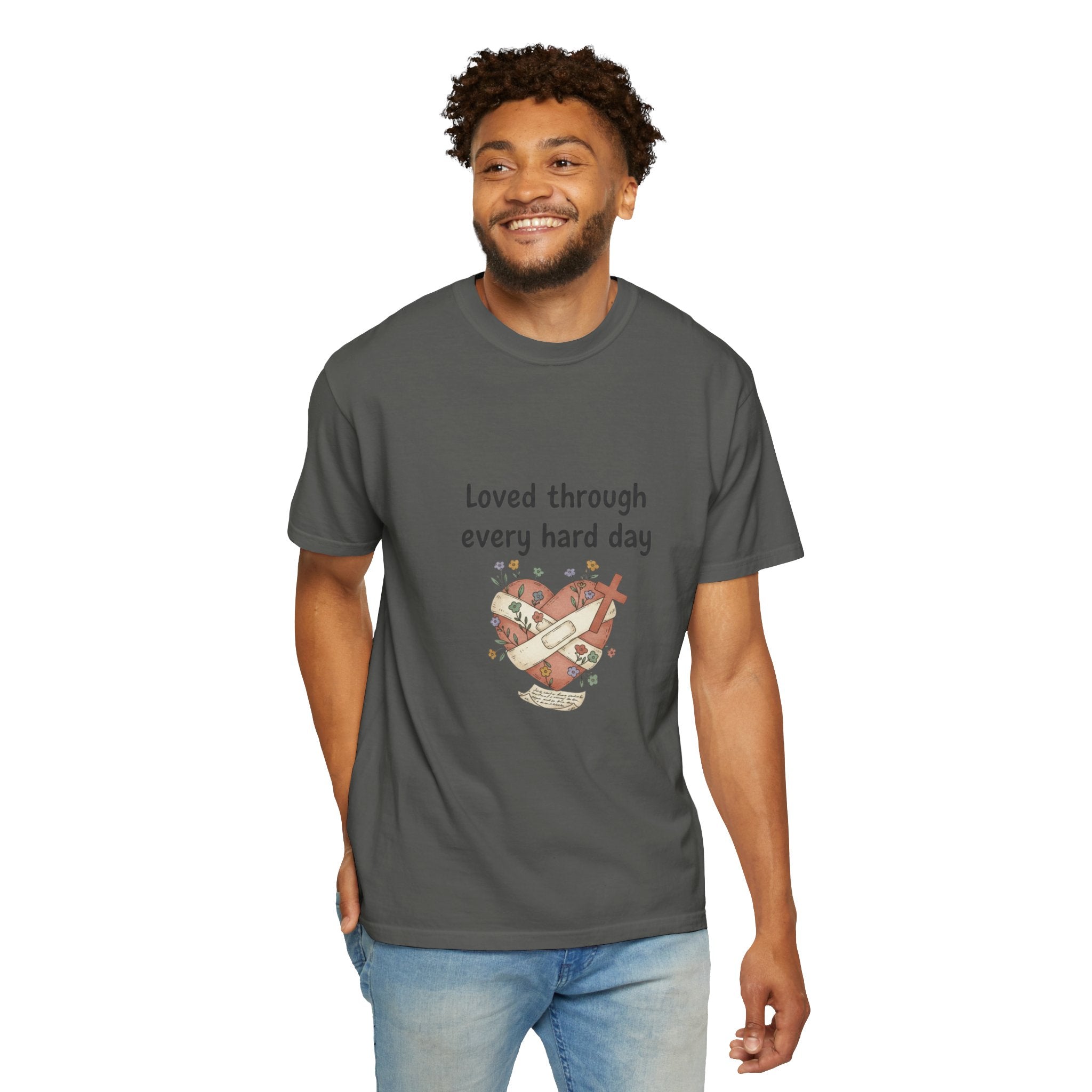 Grace in Progress Christian T-Shirt — Loved Through Every Hard Day — Faith & Mental Health Tee | Bandaged Heart Vintage Illustration
